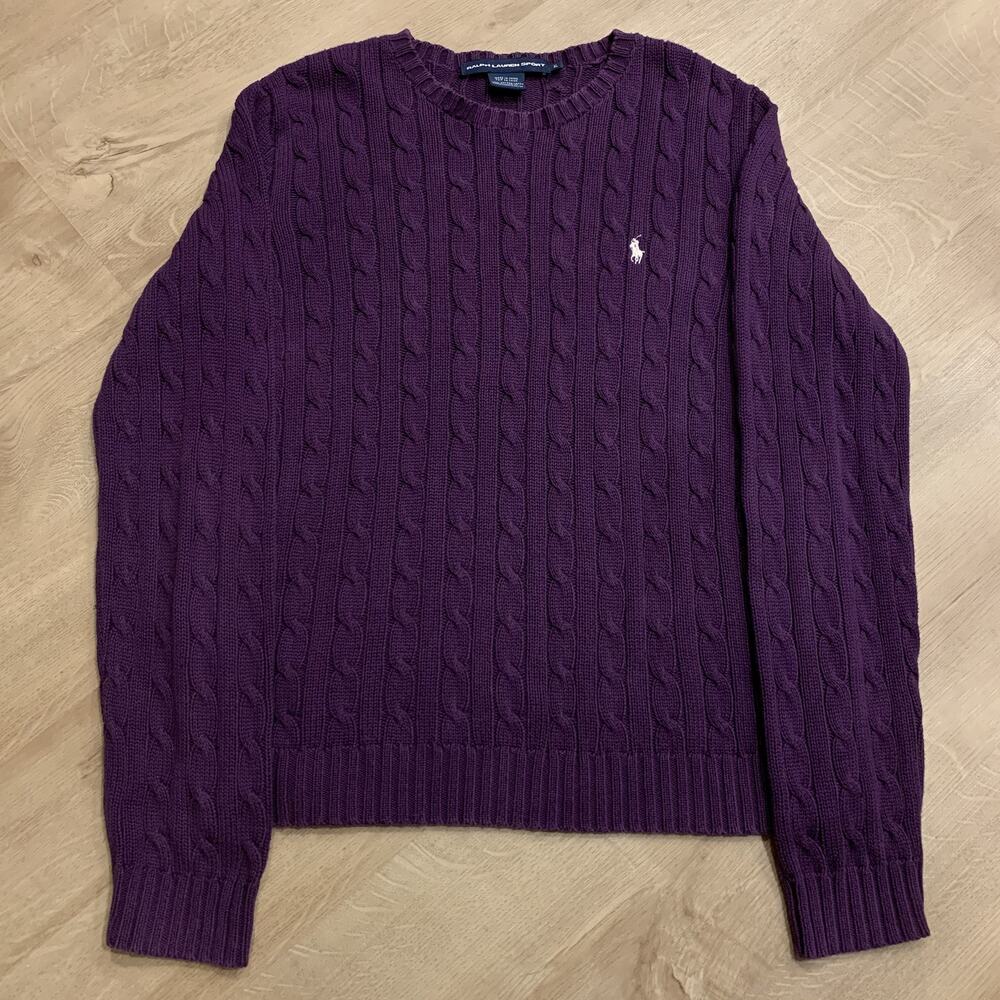 Ralph Lauren Sport Sweater Women's XL Purple Cable Knit Jumper Cotton White Pony